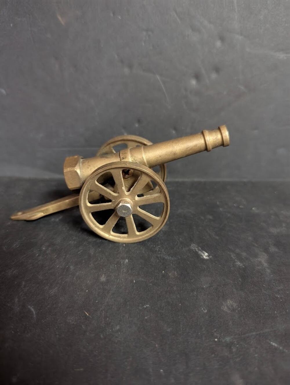 Vintage Parker Brass Toy Cannon Wheels Battlefield Pull behind HEAVY Miniature